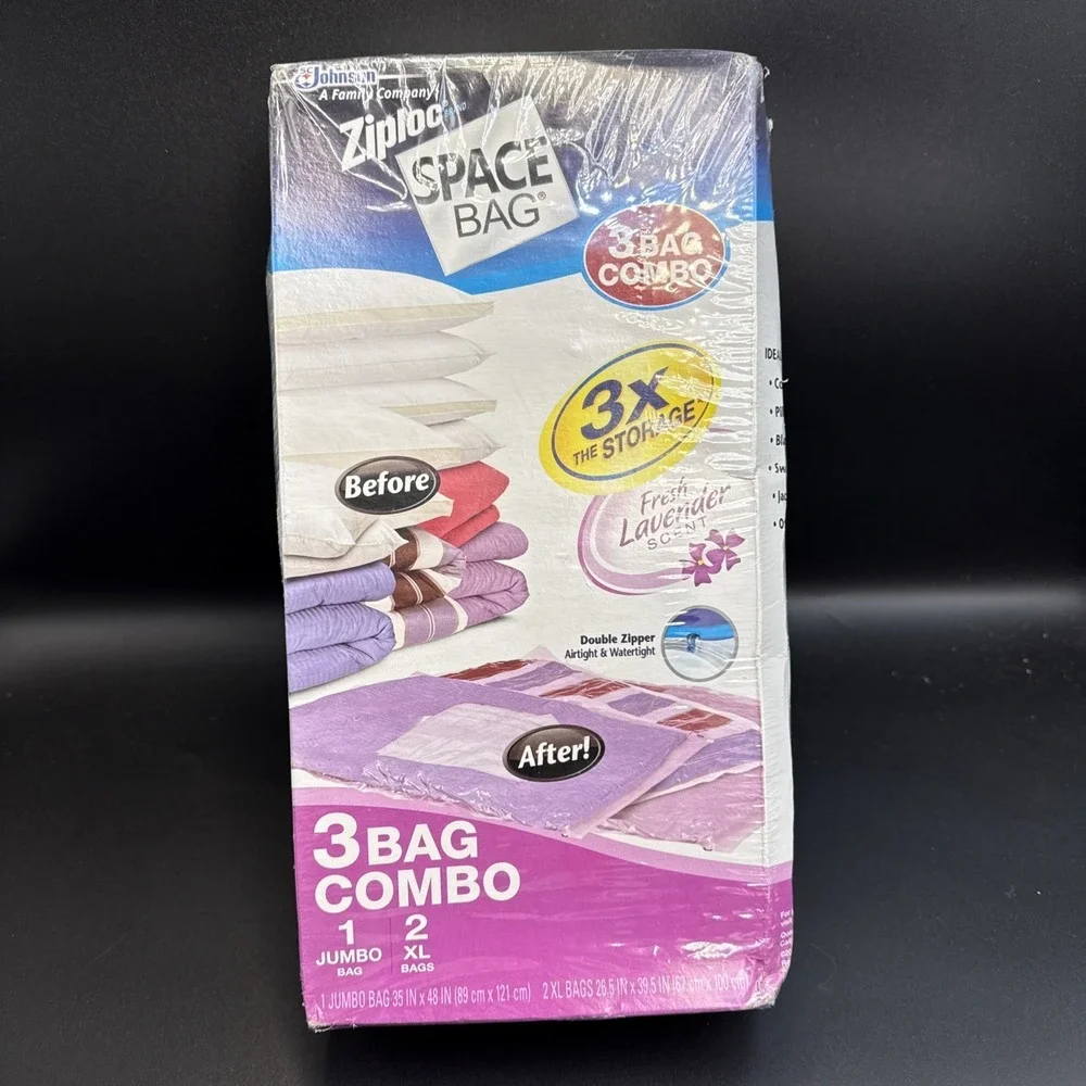 Ziploc Space Bag 3 Bag Combo 1 Jumbo & 2 XL Lavender Storage Zipper Airtight